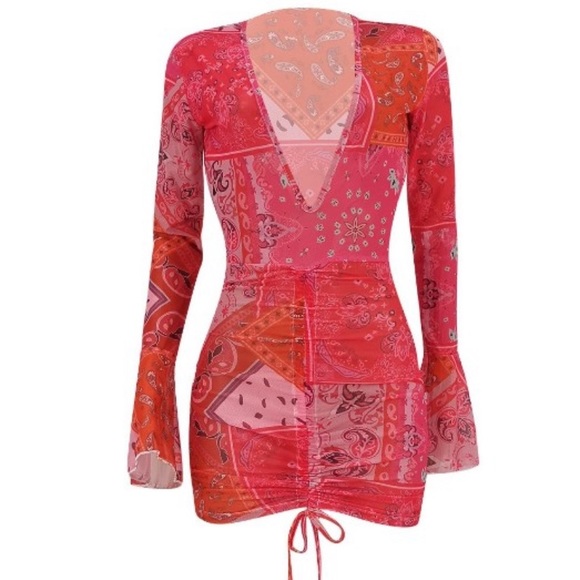 Sexy Printed V Neck Long Sleeve Short Dress - Picture 4 of 5